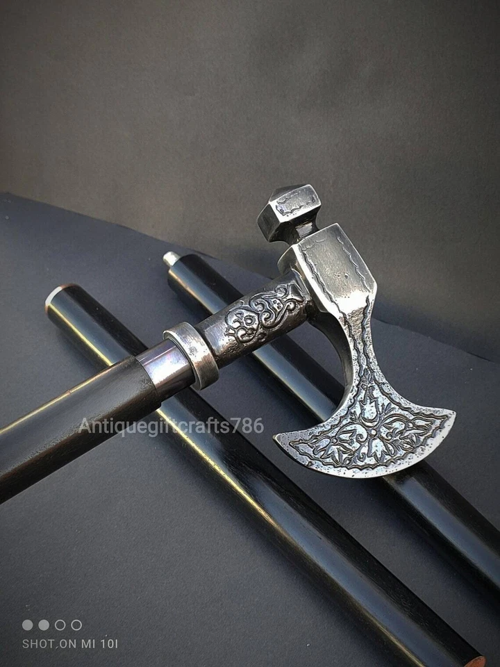 Hacha de peltre antigua sólida bastón bastón de madera estilo hecho a mano Foto 3 de 4