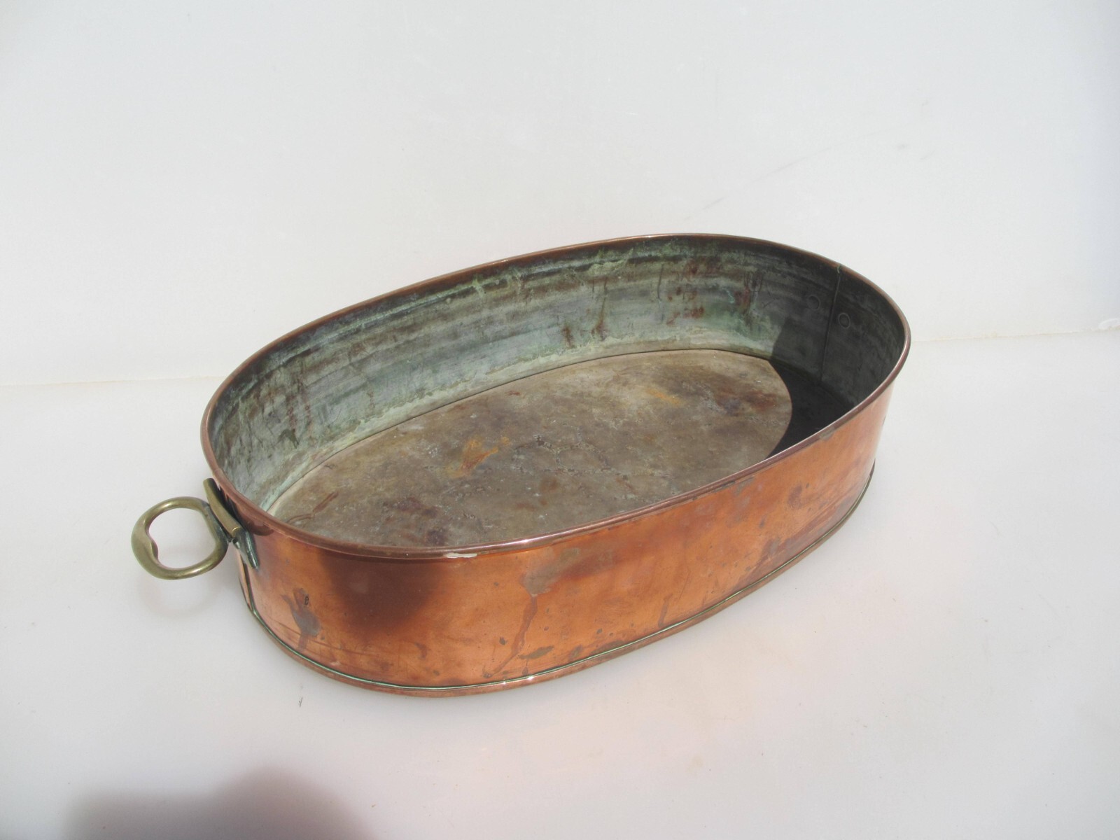 Antique Copper Jam Pan Fish Kettle Trough Oval Old Brass Handles Pot