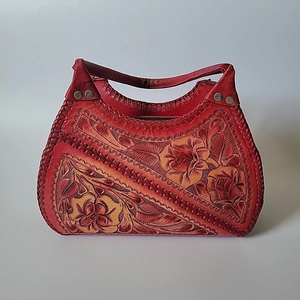 Bolso Hobo Estructurado Cuero Trabajado a Mano Hecho en México Rojo Boho Suroeste Foto 2 de 4