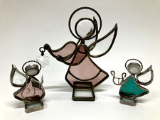 Vintage Stained Glass Angels Standing Suncatcher Ornaments Lot of 3
