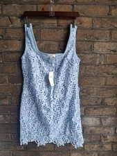New M&S Blue Floral Sequin Square Neck Cutwork Detail Mini Column Dress Size 8