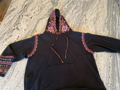 JOHNNY WAS Hoodie SWEATSHIRT SCHWARZ BAUMWOLLE Strick bunt Blumenstickerei L - Bild 7 von 7