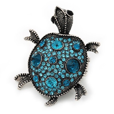 Turquoise Coloured Crystal 'Turtle' Flex Ring In Burn Silver Metal - 5.5cm