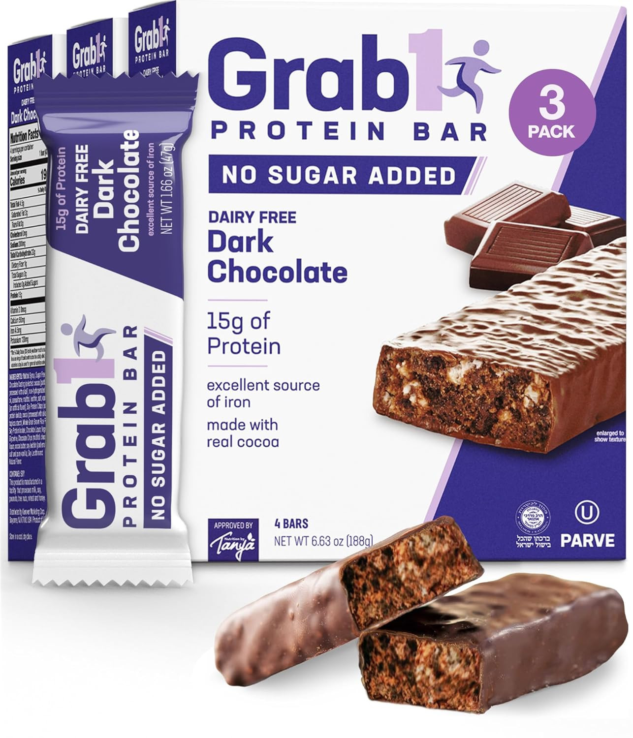 Grab1 Sugar Free Protein Bars Dairy Free Dark Chocolate 3 Pa