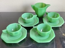 Vintage Akro Agate Green Jadeite Tea Set   4 Cups, 4 Saucers  Creamer