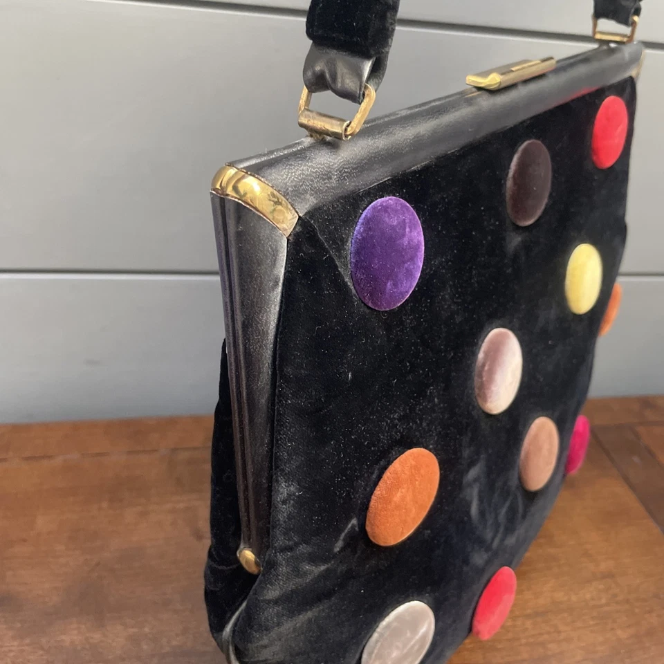 De Colección Años 60 Mel Ton MoD Terciopelo Cuero Ribete Bolso de Mano Cartera Cartera Retro Foto 3 de 4