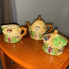 Occupied Japan Cottageware 3 Pc Tea Set ; Creamer, Lidded Sugar Bowl, Teapot