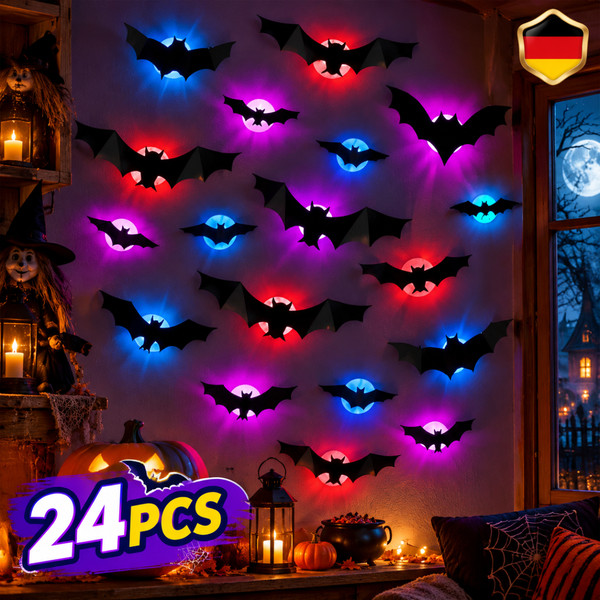 24 Stk LED Lichter 3D Halloween Fledermaus Deko,Halloween Dekoration Fledermaus-image