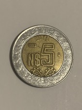 1993 Mexico $5 Nuevos Pesos Coin. Mexican Currency. 