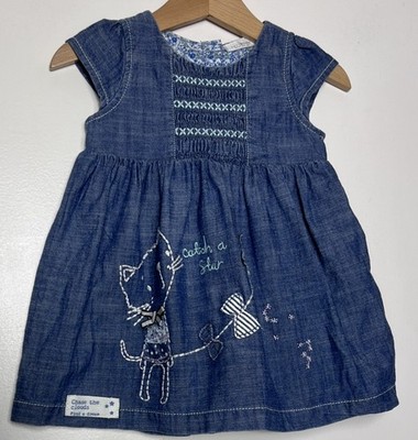 NEXT blau Denim bestickt Muschi Katze Träume Pailletten Kleid Größe Alter 6-9 Monate 