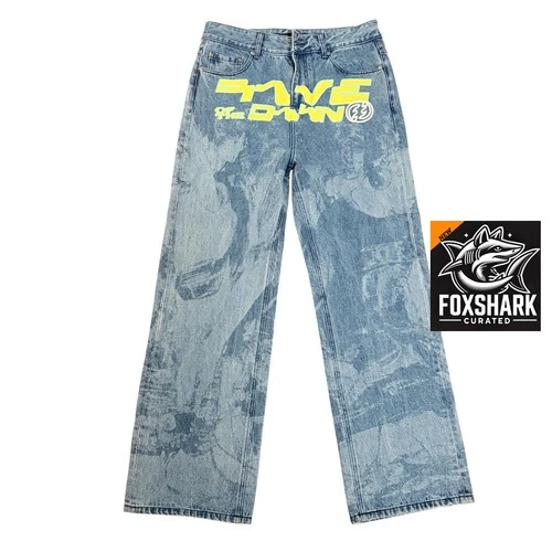 Size M CEEC “Create Explore Expand Conquer” LA Laser-Cut Denim – Blue Jeans - product listing photo