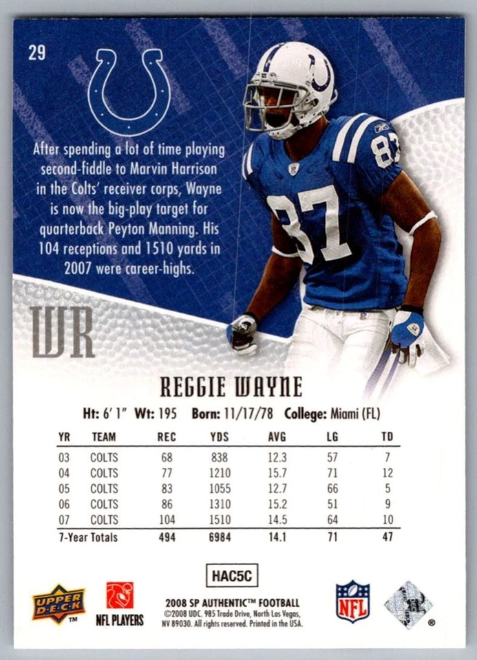 2008 SP Authentic Retail Reggie Wayne Indianapolis Colts #29 - Image 2 of 2