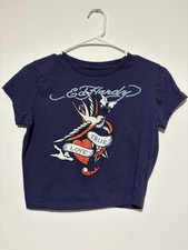 Ed Hardy Shirt Womens Medium Blue True Love Tattoo Graphic Crop Top