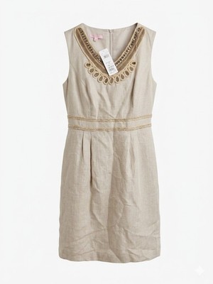 Basler Linen Blend Beaded V-Neck Shift Dress Beige Neutral Quiet Luxury Size 42