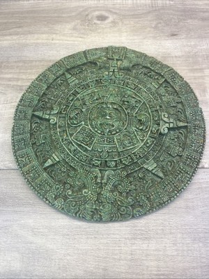 Vintage Green Aztec Mayan Sunstone Calendar Malachite Green Mexico Art 9.5 