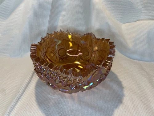 Vintage LE Smith Pink Carnival Glass Bowl Comet And Stars Pattern Sawtooth Rim