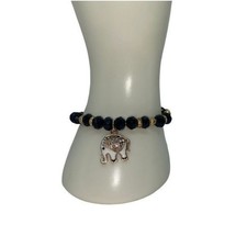 New NWT Black Beaded Gold-Tone Rhinestone Elephant Pendant Stretch Bracelet