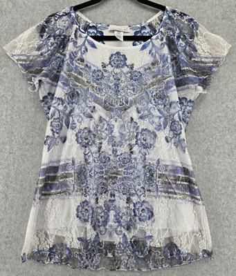 Vtg Y2K Keren Hart Top Sz M White Blue Lace Floral Flowy Fairy Boho Romantic USA