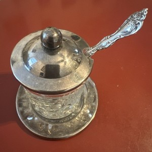 Vintage International Silver Plated Jelly Jar w/ Silver Plated Lid & Spoon Sugar