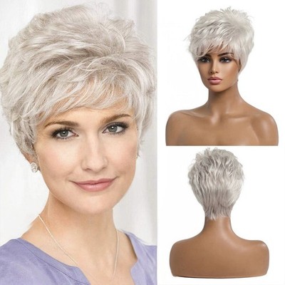 EMMOR Short Silver Grey Human Hair Wigs for Women Blend Pixie Cut Wig With Ba...