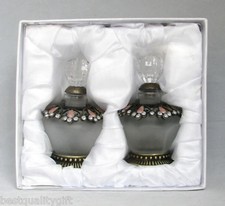 NEW FROSTED GLASS+CRYSTAL 2 PC SET PERFUME BOTTLE+BRASS TONE,STOPPER-GIFT SET