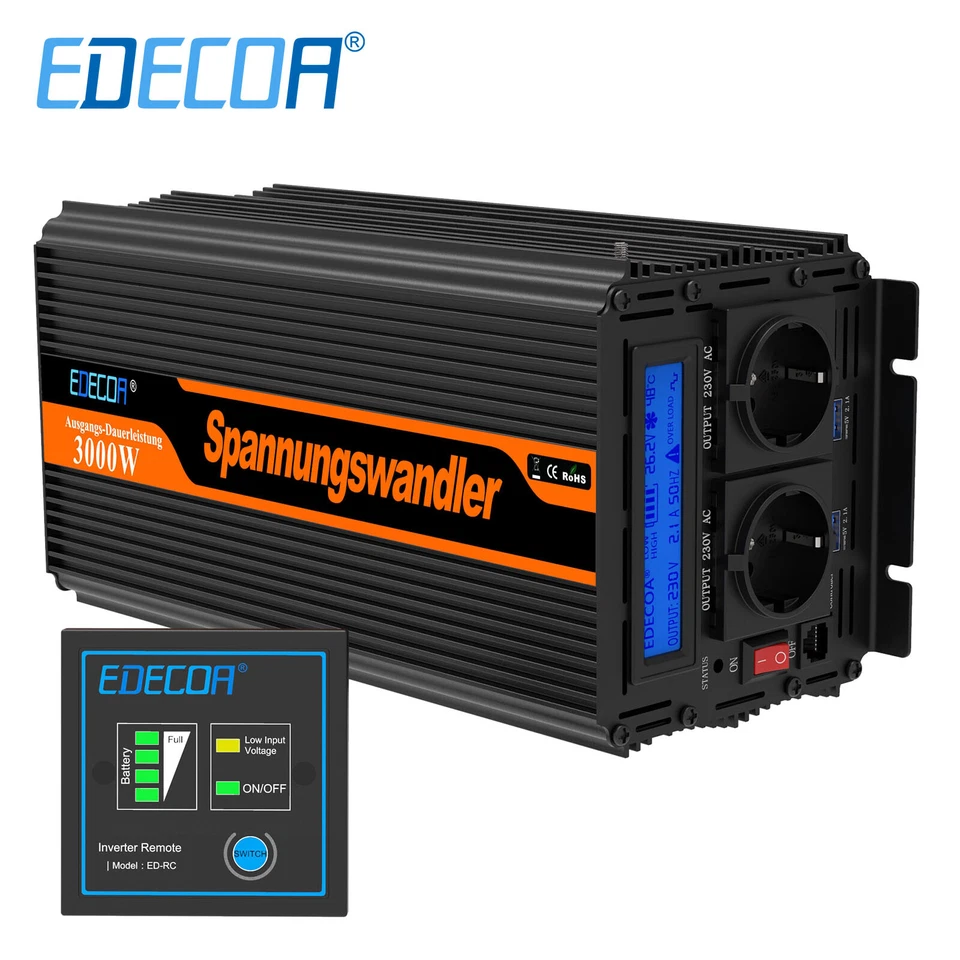 Inversor Convertidor 3000W 6000W 24V 220V Transformator LCD 2 X 2.1AUSB EDECOA - Imagen 2 de 4