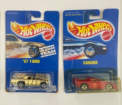 Hot Wheels Blue Card Lot of 2 cars '57 T-Bird GLEAM TEAM & '92 Camaro Red
