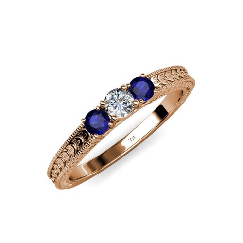 Diamond and Blue Sapphire 3 Stone Ring with Milgrain Work 0.55 ct tw in 14K Gold - Picture 4 of 4
