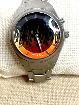 FOSSIL Big Tic Watch Men Silver Tone Flame Animation RARE JR-8115