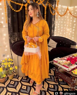 Mustard Chiffon Long piece dress with mirror work- M/L Chest Size