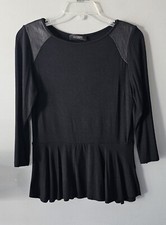 Vintage Karen Kane Peplum Top Womens Sz S Black Lambskin Shoulder Rayon USA Made