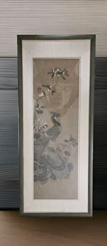 19c CHINESE: SILK SCROLL-BIRDS IN GARDEN; PAINTING ON SILK PROFESIONALLY FRAMED