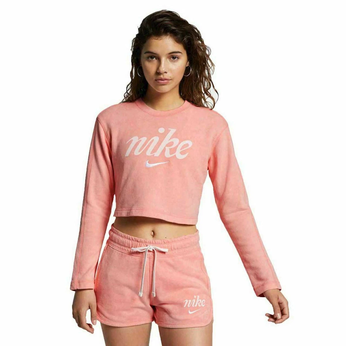 NWT Women s Nike Cropped Washed Sweatshirt Neon Peach BQ8031 697