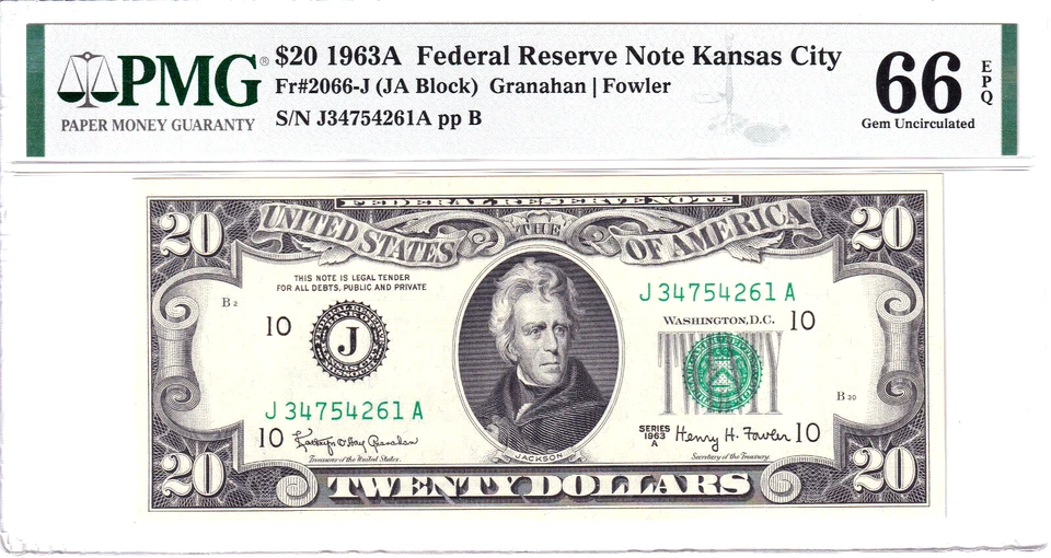(2) Consecutive 1963-A $20 FRN Notes Kansas City PMG Gem Uncirculated 66EPQ - Image 4 of 4