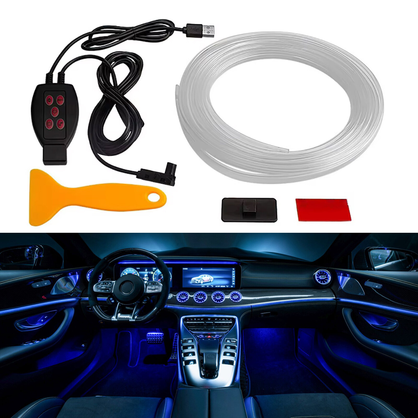 Car Interior Bar USB Music Sync Fiber Optic RGB Ambient Neon Glow EL Wire Light.