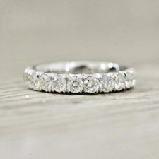 1 Ct Round Cut Real Moissanite Half Eternity Wedding Band 14K White Gold Plated