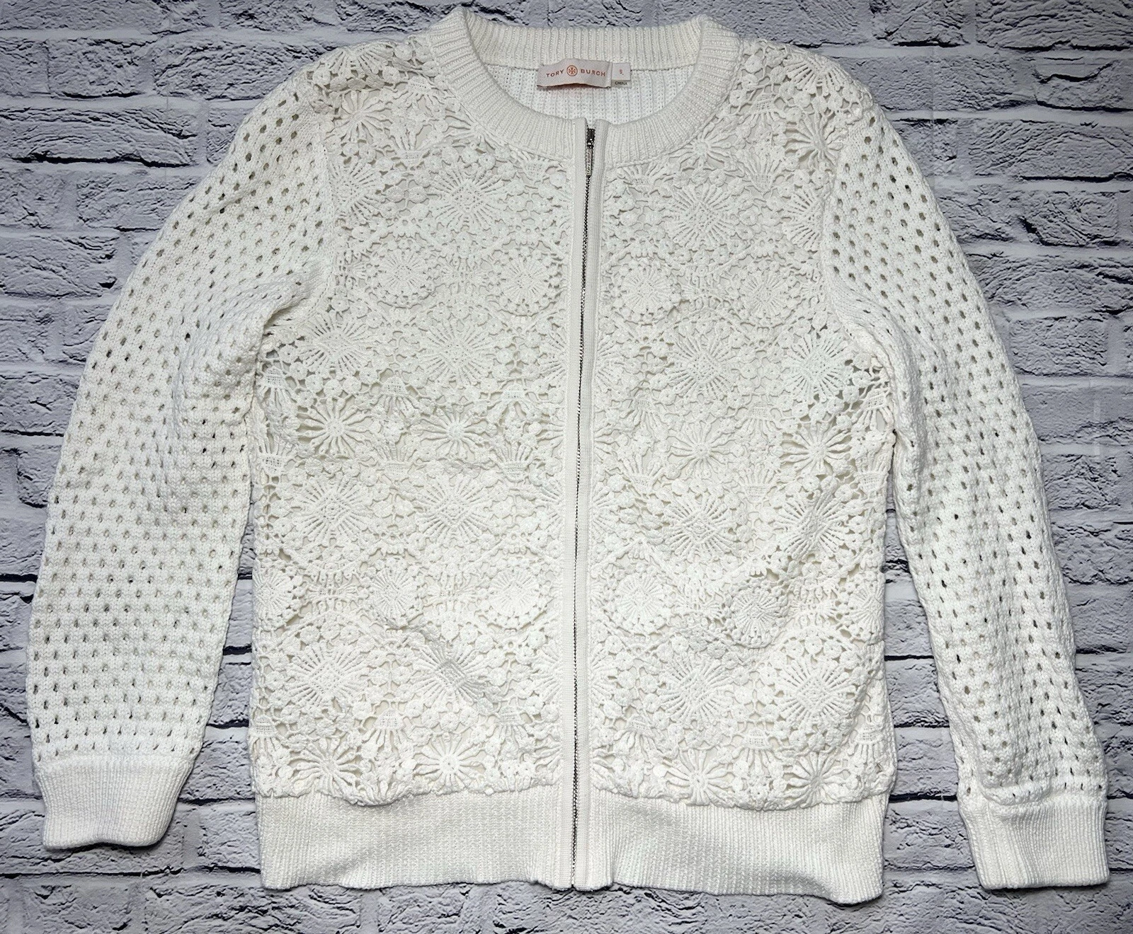 BELLO!! Giacca cardigan Trixie Tory Burch avorio con zip all'uncinetto piccola