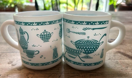 2X Hazel Atlas Kitchen Aid Turquoise Milk Glass Mugs Cups MCM