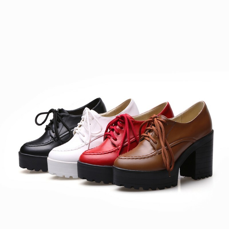 Women Platform Lace Up Round Toe Block High Heels Casual Shoes