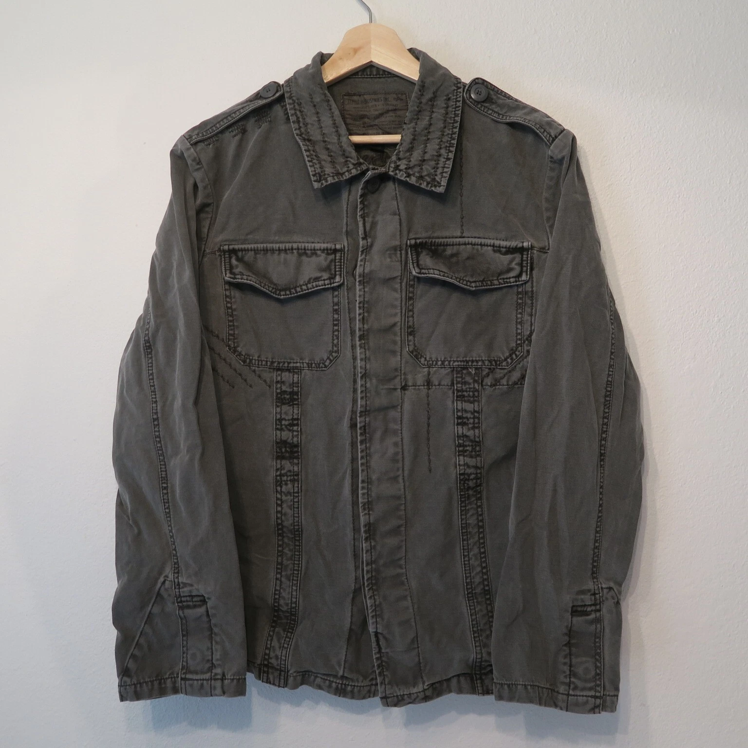 Alpha Industries Jacket Mens Medium Gray/Brown Button Up Military Shirt Coat