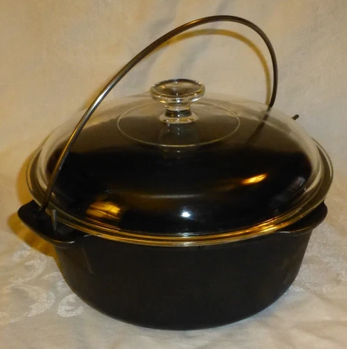 Vtg Round Wagner 1891 Original Cast Iron 5 Qt Dutch Oven Pot USA Pyrex Glass Lid