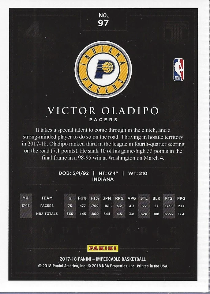 2017-18 Panini Impeccable #97 Victor Oladipo /99 - BSK - Image 2 of 2