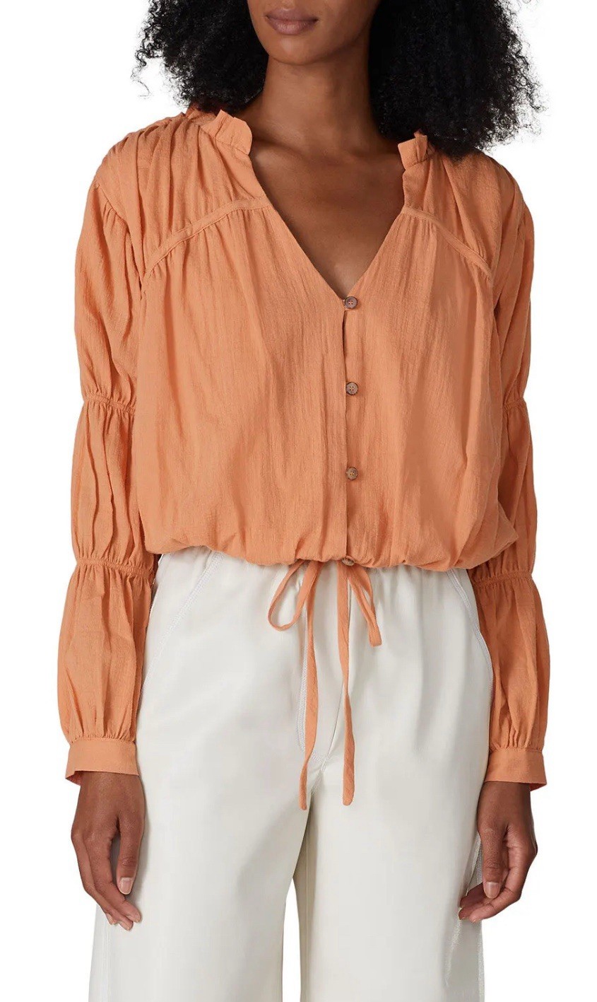 Small LOVE, WHIT X RTR Sand Stone Button Front With Tie Peasant Blouse Top EUC