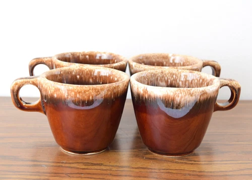 Set of 4 Hull Brown Drip Glaze Pottery Large Coffee Tea Mugs O handle
