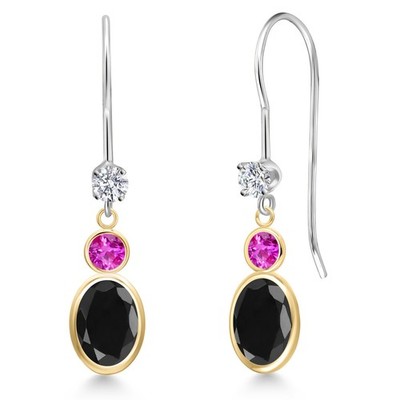 14K Two Tone Gold Black Sapphire and Pink Sapphire and Lab Grown Diamond Dangle