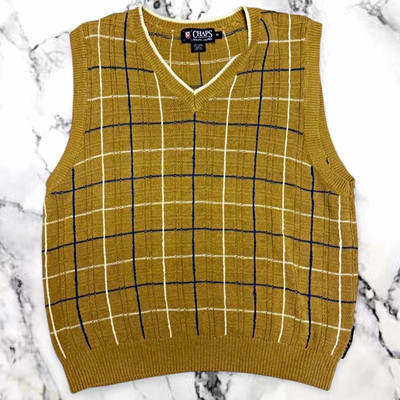 Chaps Ralph Lauren Men's M Brown Plaid Knit V-Neck Sweater Vest Sleeveless