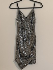 Crystal Sky Silver Black Sequin Bodycon Dress Adjustable Straps V-Neck Size S