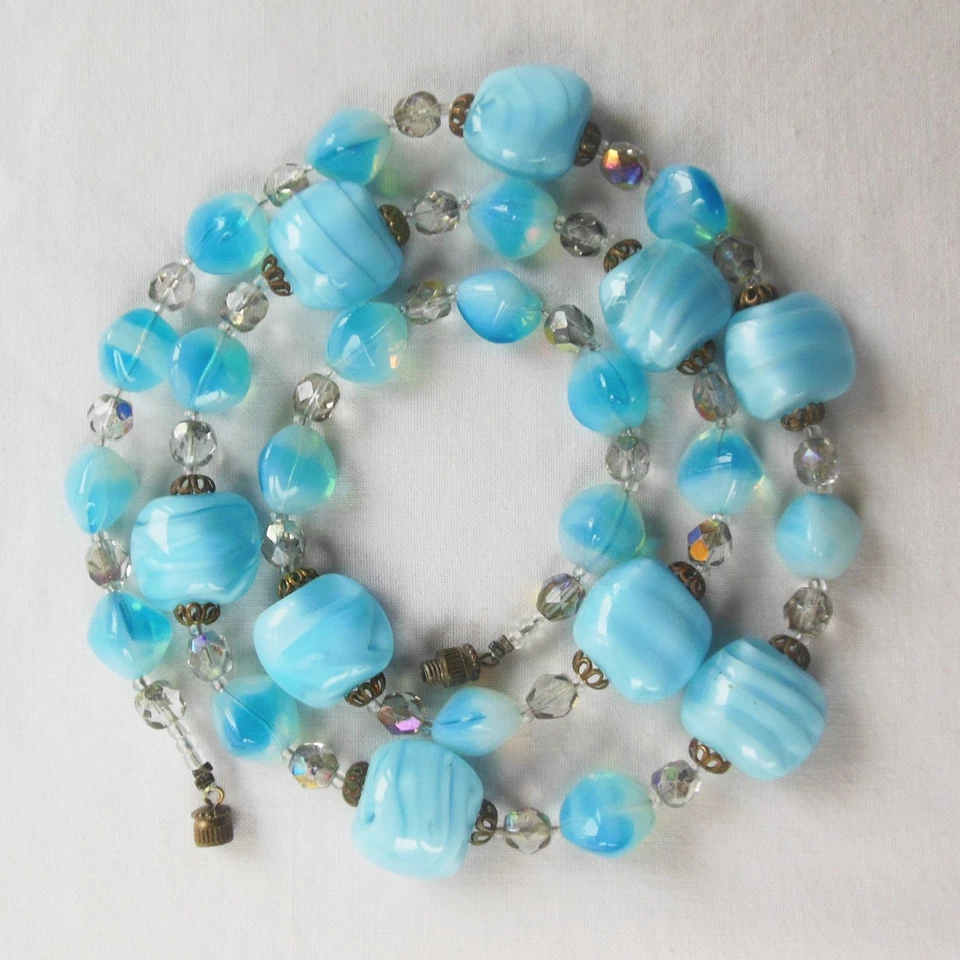 ANCIEN Collier Pate de VERRE Bleu NACRE - Antique Glass Necklace - Photo 4/4