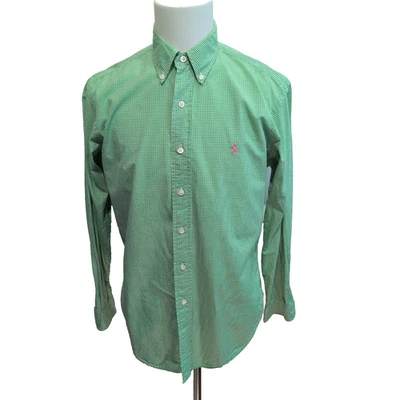 Chemise Ralph Lauren Classic Fit Homme M Vert Vichy Logo Rose Coton - Photo 1/4