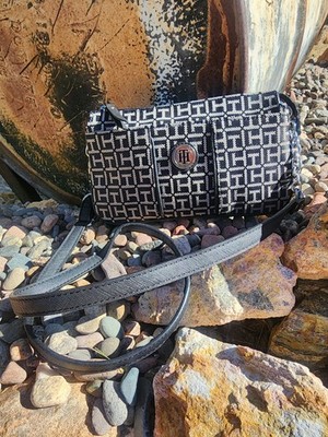 Tommy Hilfiger Monogram Crossbody Bag Black White TH Logo Silver Hardware  Zip